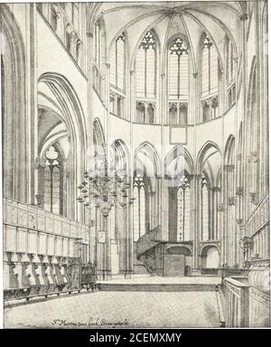 . Oud-Nederlandsche steden in haar ontstaan, groei en ontwiskkeling. i in hareen welstand van de noordzijde, A°. 1674.. AFB. N°. 229. Gezicht in het koor van de Domkerk te Utrecht naar eene teekening van P. Saenredam van 17 sept. 1636. 84 DE DOMKERK TE UTRECHT. Have die kooropbouw inderdaad reeds op het einde der XIIIde eeuwplaats, hetgeen ik geneigd ben te betwijfelen, dan a été deze stellig niethet werk van een meester uit Land, Want de architectural vormendaaraan toegepast, komen onkem in onkür ou plus tard, kenkenkem. Omstreeks 1321 schijnt de koorsluitting nog met twee travées metomg Banque D'Images