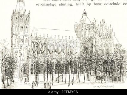 . Oud-Nederlandsche steden in haar ontstaan, groei en ontwiskkeling. AFB. N°. 224. Gezicht op den zuidwestelijken hoek van het nainschip der Sint-Eusebiuskerk te Arnhem, naar photo. DE SINT-JAN TE S HERTOGENB.S. 79 volgde de bouw van het noorder nadspand, en 1478—94 die van hetzuider nadspand met de kapel der Illustre Lieve Vrouwe Broederschap,en 1497 — 1520 die van het langsschip en 1526 de bouw van den kruistoren.RUIM eene eeuw dheederschud heedig en leedid e leedierg en leedierg. Ontworpen in den vorm eener kruiskerk, est het langschep race vijf beuken, en Banque D'Images