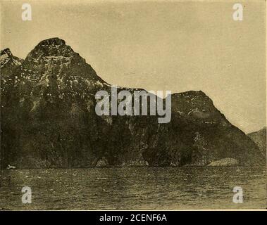 . Les voyages du Norsemen vers l'Amérique. te dans les points rocheux et accidentés. La seule plage de toute étendue se trouve à Cape Porcupine, juste au sud de Ham-ilton Inlet, en lat. 54°. Ici, de grands dépôts de sable forment la plaine côtière de nombreux kilomètres carrés dans la région, bordée par une plage blanche des deux côtés du cap. Ce fait est d'im-portance en vue des références répétées dans les sagas toextensive plages de sable. De plus petites plages et des dépôts de santése trouvent tout le long de la côte, mais seulement dans des lieux abrités, surtout au fond des baies et des fiords à l'embouchure des rivières. Caractéristique de Labrad Banque D'Images