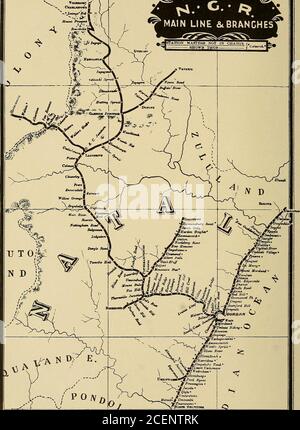 . Le magazine CASSIER. U3ii EST AINSI ILLUSTRÉ. CARTE MONTRANT LA LIGNE PRINCIPALE ET LES BRANCHES DES CHEMINS DE FER DE LA COLONIE NATAL, DONT 768 MILLES SONT OUVERTS À LA CIRCULATION. LA LIGNE PRINCIPALE RELIE DURBAN, SUR LA CÔTE, À CHARLESTOWN, SUR LA FRONTIÈRE TRANSVAALE, UNE DISTANCE DE 306 MILLES LES CHEMINS DE FER DE NATAL 85 par le rapport annuel du Directeur général des chemins de fer pour 1903, qui indique que pendant cette année 22,247 tonswere a fourni au cap Colony, 7551tonnes au Transvaal, Et 3378 tonnes à la colonie de la rivière Orange, alors que la consommation de charbon pour les chemins de fer et les ports ne représentait pas moins de 206,327 tonnes, et oth Banque D'Images