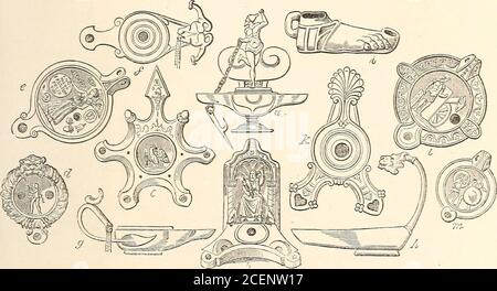 . La vie des Grecs et des Romains. ole mis sur une charrette. Figure 459 montre une charrette à vin d'une peinture murale, avec laquelle l'intérieur d'une taverne Pompéi est convenablement décoré. L'image, qui ne nécessite aucune explication supplémentaire, donne une idée vivante d'une scène Romanmarket. 92. Parmi tous les ustensiles domestiques creusés, les lampes, les lampes par. Ticulièrement ceux en bronze, réclament notre attention avant tout, tant par leur nombre que par la variété de leurs formes. Les lampes, comme d'autres ustensiles en faïence, ont été faites dans les plus dépendances, ou ont été (dans le cas où leurs conceptions étaient d'un plus élaboré) im Banque D'Images