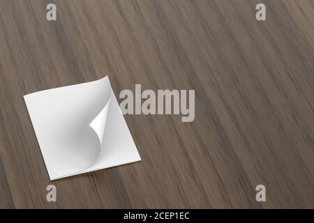 Magasin ouvert vierge au format A4 sur noyer brun foncé bureau avec espace pour le texte - maquette - 3D illustration Banque D'Images