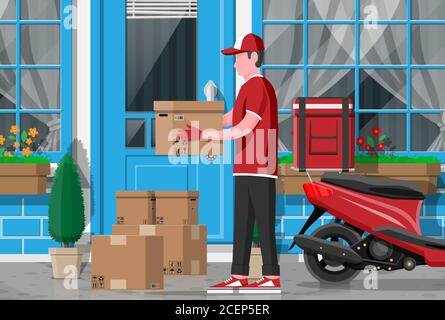 L'homme a laissé des boîtes en carton avec des marchandises près de la façade de la maison. Le personnage de messagerie contient le colis. Emballage de livraison du carton boîte fermée avec des panneaux fragiles. Livraison gratuite et rapide. Illustration vectorielle plate de dessin animé Illustration de Vecteur