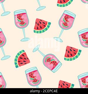 Motif estival sans coutures avec boisson cocktail et tranches de pastèque. Illustration de Vecteur