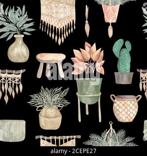 Motif sans couture de plantes boho et de fleurs intérieures dans des paniers et des pots suspendus décor macrame. Illustration aquarelle d'un intérieur moderne sur un b Banque D'Images