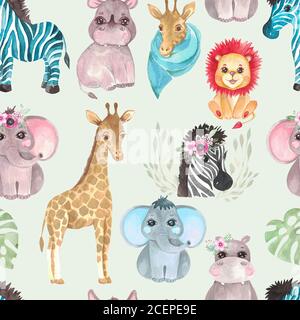 Motif safari sans couture d'animaux et de fleurs sur un fond vert. Illustration aquarelle d'un dessin enfant Giraffe Zebra Elephant Hippo Rhino Banque D'Images