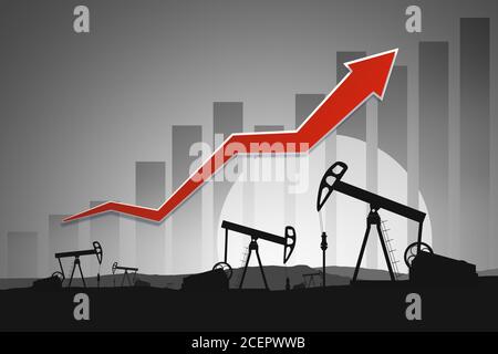 Pompes à huile en arrière-plan du graphique à barres avec flèche vers le haut. Rendu 3D. Banque D'Images