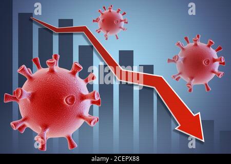 L'effondrement du marché et de la bourse en raison du coronavirus covid-19. Modèle 3D de virus avec graphiques et graphiques Banque D'Images