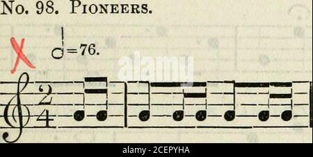 . Sons de trompette et de bugle pour l'armée : avec des instructions pour l'entraînement des trompettistes et des buglers. Non 96. Batteurs, ou Buglers. J=108. ; ft # j p  &gt;-4r—9—1 1 et—P—r - -*-.-* aiLisi: lur»i-j. A. MFC.4wMTI -i—-i—————— partie 3.] 97Routin appels. N° 97. Signalers. % J 2; •=108.. EMEj^EfeBJ kJ-J-M i Hi J ri j -•-•--•- -•—•-•-«--©-•-•- -iiii1- - ID n° 99. Cyclistes. k = 108. U (^j^t^TLT; u* Banque D'Images