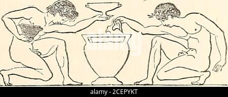 . La vie des Grecs et des Romains. Figure 199 montre une photo sur un vase dans lequel les ephebos s'agenouillent à droite prend le vin du throter avec l'oinochoe, afin de remplir le récipient d'alcool des autres ephebos. Le prochous semble avoir été principalement usedprincipalement comme une carafe à eau. Comptes-rendus exacts de ses différentes formes que nous ne possédons pas. Plus-plus, selon Athenseus, les termes avaient été modifiés.ce qui était initialement calledpense, a ensuite reçu le nom de choe. Le pelage a re-semblé les vases panathénaïques; et est dit avoir pris la forme après Banque D'Images