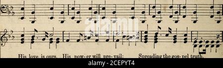 . Voix des louanges, non 2 : une collection complète de chansons scripturales, gospel, dimanche-école et service de louange. i lj r i RAL-ly pour travailler à - jour, confiance en Dieu al - Way, Thro sunandshowrs -I—, 1——I ,. 1. Son amour est le nôtre, son pow- er pré- vail; la propagation du gos-pel trutl Banque D'Images