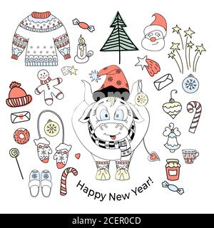 bull 2021. Nouvel an chinois 2021. Taureau mignon en vêtements du nouvel an et ballon de Noël-jouet sur l'oreille. Nouvel an ensemble de dessins vectoriels - arbre de Noël Illustration de Vecteur