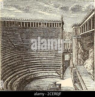 . La vie des Grecs et des Romains. Figure 183. Moitiés, une autre sert de passage supérieur autour d'eux; les escaliers roulants divisent l'endroit pour les spectateurs en neuf fcepKihe?; l'orchestre est très grand, et est exactement d'accord avec l'énoncé de L'AMÉNAGEMENT INTÉRIEUR DES MAISONS—TABOURETS PLIANTS. 133 Vitruvius; le proskenion repose sur un échafaudage en bois. Thewall de la skene montre cinq portes, chacune d'elles originallyenfermées par deux colonnes. Sous ces derniers on reconnaît encore les creux dans lesquels les poutres du plancher des proskenionont été placées (voir Fig. 183); les portes en dessous menaient dans thehyposkeni Banque D'Images