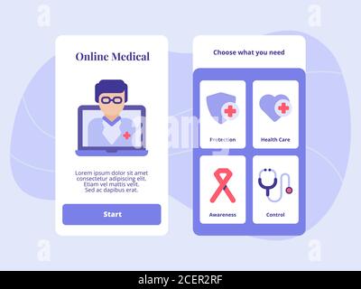 Protection médicale en ligne contrôle de la sensibilisation aux soins de santé pour les applications mobiles Modèle d'interface utilisateur de page de garde avec deux variantes couleur plate moderne style Illustration de Vecteur
