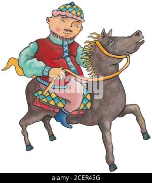 Illustration faite avec l'acrylique d'un cavalier arabe sur un cheval. Banque D'Images