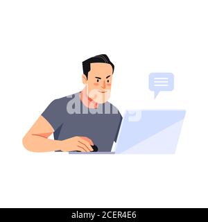 Travaillez en ligne depuis votre domicile. Homme souriant utilisant un ordinateur portable à la maison dans le salon. Un homme d'affaires mûr et heureux envoie des e-mails et travaille à la maison. Vecteur de style dessin animé Illustration de Vecteur