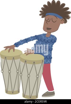 Illustration de style rétro d'un petit garçon noir jouant les bongos. Illustration de Vecteur