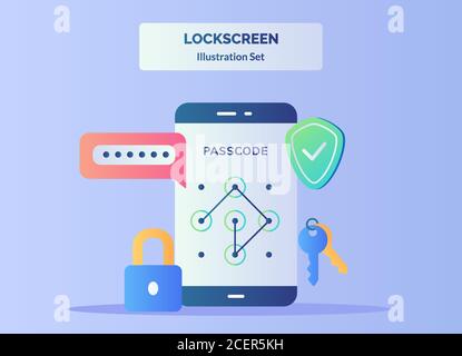 Illustration de l'écran de verrouillage définir le code d'entrée sur l'écran du smartphone arrière-plan de la clé de cadenas avec écran de protection de mot de passe de couleur plate. Illustration de Vecteur