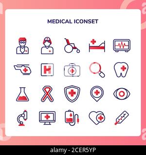 Medical Icon Set médecin infirmière lit hélicoptère dentisterie ophtalmologie microscope transfusion avec contour plat style. Illustration de Vecteur