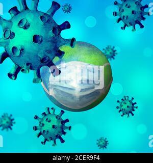 Coronavirus autour de la Terre. Fond bleu avec aquarelle globe dessiné à la main avec masque facial protecteur et virus corona. Lutte contre les virus. Guérir la mer Banque D'Images