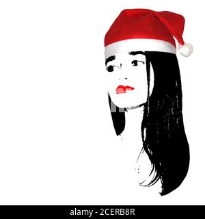 Médias mixtes art contemporain de la mode bonne année et joyeux Noël collage. Belle fille en rouge chapeau de Père Noël sur fond blanc. Beauté, SP Banque D'Images