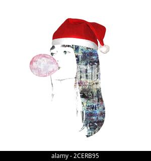 Médias mixtes art contemporain de la mode bonne année et Joyeux Noël fond. Fille en rouge chapeau de Père Noël soufflé couleur rose bulle de mastication g Banque D'Images