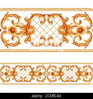 Style baroque, segments décoratifs dorés, motif sans couture. Cadre de bordure en or aquarelle dessiné à la main avec des rouleaux, des feuilles, des chaînes et des éléments en blanc Banque D'Images