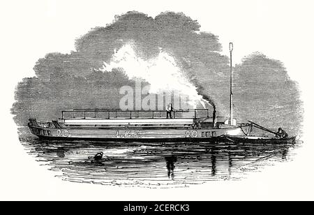 Ancienne gravure d'une barge ou d'un bateau de lutte contre le feu sur la Tamise, LFE 20, à l'époque victorienne, Londres, Angleterre, Royaume-Uni. À Londres, des compagnies d'assurance individuelles ont créé des unités de lutte contre les incendies pour lutter contre les incendies dans les bâtiments assurés par chaque compagnie. Ils ont coopéré pour former le London Fire (Engine) establishment (LFEE ou LFE) en 1833 sous la direction de James Braidwood. L'un des modes de lutte contre les incendies le long de la Tamise était le bateau-incendie. Les compagnies d'assurance incendie ont informé le gouvernement qu'il n'était pas commercialement viable de lutter contre les incendies et en 1866, la Metropolitan Fire Brigade (MFB) est entrée en fonction. Banque D'Images