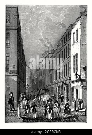 Une ancienne gravure de Paternoster Row, City of London, Angleterre, Royaume-Uni à l'époque victorienne. Cette rue était un centre du commerce de l'édition de Londres, avec de nombreux libraires opérant de la rue. Paternoster Row était souvent «presque synonyme» de livres. Il faisait partie d'un quartier appelé St Paul's Churchyard. La rue a été dévastée par des bombardements aériens pendant la Seconde Guerre mondiale Reconstruite comme la place Paternoster, la région est devenue la maison moderne de la Bourse de Londres. Banque D'Images