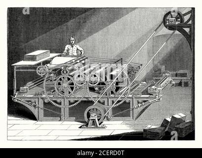 Une ancienne gravure datant du XIXe siècle d'une presse rotative à impression cylindrique à vapeur qui a été utilisée dans la révolution industrielle de l'époque victorienne. Les Allemands Friedrich Koenig et Andreas Bauer ont conçu et construit leur première presse cylindrique au début des années 1800. Il était beaucoup plus rapide que les presses à plat existantes. L'un de leurs premiers clients était John Walter du journal The Times. Le premier numéro du Times qui utilisait les nouvelles presses a été publié en 1814. La presse a été installée en secret pour éviter le sabotage par des travailleurs mécontents de la presse (luddites) qui exploitaient les presses existantes. Banque D'Images