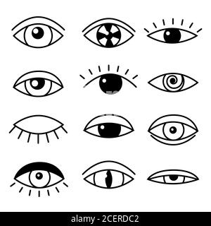 Ensemble plat avec contour des yeux noir sur fond blanc. Ouvert, endormi et fermé les yeux. Illustration vectorielle de l'élément logo. Illustration de Vecteur