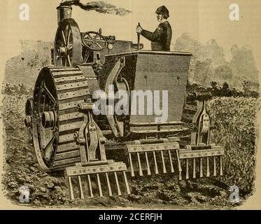 . Jardinage populaire et culture de fruits; un périodique illustré consacré à l'horticulture dans toutes ses branches. Et, de nous donner la protection complète contre tous les ennemis de la vigne cropwithout les sacs. Un Digger à vapeur amélioré. L'illustration ci-jointe representsa nouveau dispositif de creusage de vapeur, inventé par AMR. F. Proctor et fabriqué par Bur-rell & Sons, Thetford. Le dispositif est constitué de trois fourches et poignées de fourche en acier, de trois leviers à bascule, d'un arbre de renvoi et d'un vilebrequin à trois directions avec les éléments d'appui nécessaires. Chaque fourche est constituée de dents en acier, qui sont fermement maintenues dans un clampab rainuré Banque D'Images