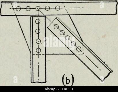 . Conception structurelle pratique; un texte et un travail de référence pour les ingénieurs, les architectes, les constructeurs, les dessinateurs et les écoles techniques;. Figure 120—plaques de goussets, (a) communes, (b) préférées. Courant, mais les connexions de rivets à travers la corde sont excentrésà l'intersection des lignes de contrainte, et un résultat important. La construction correcte de cette articulation est illustrée en (6) et il est conseillé à l'étudiant d'effectuer les calculs pour les articulations de l'ETWO et de déterminer par lui-même les montants des excentréscontraintes. La barre pour laquelle les joints ont été conçus en bois canbe conçu maintenant pour l'acier et les deux de Banque D'Images