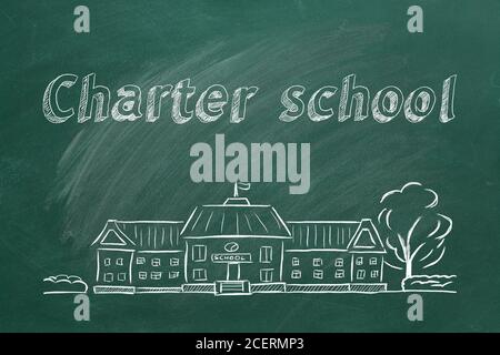 Bâtiment de l'école et lettrage de l'école de charte sur le tableau noir. Esquisse dessinée à la main. Banque D'Images
