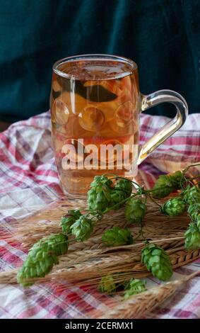 Verre de bière artisanale maison avec du houblon et du blé. Banque D'Images