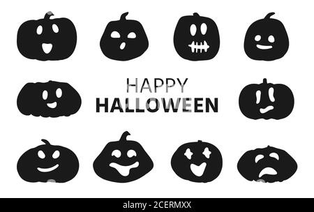 Ensemble de citrouilles d'Halloween avec visages sculptés. Symboles noirs de squash différentes formes et émotions. Modèle pour couper le sourire à la citrouille pour la fête principale du design en octobre. Illustration vectorielle Illustration de Vecteur