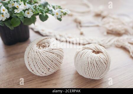 Tresse en macrame faite à la main et fils de coton sur bâton de bois rustique. Image boho bonne pour le macrame et les bannières artisanales et la publicité Banque D'Images