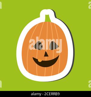 Joli autocollant Halloween du symbole du jour de la fête. Drôle de dessin animé citrouille est sur fond orange. Élément de Halloween. Contour blanc épais et ombre noire. Illustration de Vecteur