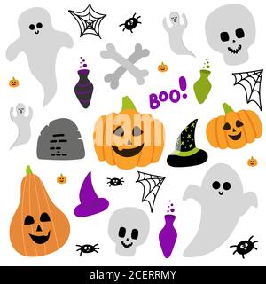 Ensemble d'Halloween mignon avec symboles du jour de la fête. Drôle de dessin animé Ghost, potiron, bouteille de poison, mâchoires, chapeau de sorcière sont sur fond blanc Illustration de Vecteur