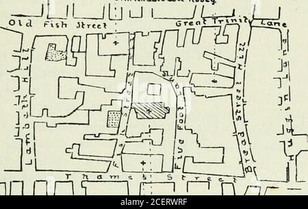 . Histoire de la Compagnie des Glaziers de la ville de Londres, autrement la Compagnie des Glaziers et des Peintres de verre. d par les Glaziers, La Fishmongers Company a des preuves documentaires que les Glaziers ont demandé un bail de terrain adjacent à la salle et ont offert à erectproperty sur la valeur de £200, mais les autorités de la ville ont été notwilling pour accepter le bail, en dévalorisant l'argent inadéquat. Il est évidence que la somme offerte doit avoir été augmentée, dans la mesure où la propriété a été construite. L'église Sainte-Marie-Moundéce n'a pas été reconstruite après le feu. Le Parisha été ajouté à St. Mary Somers Banque D'Images