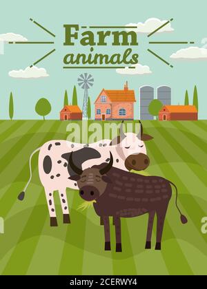 La vache et le taureau sont des animaux de ferme. Paysage rural de fond. Style de dessin animé d'illustration vectorielle Illustration de Vecteur