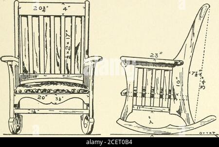 . Meubles pour l'artisan; un manuel pour l'étudiant et machanic. 4 po d'épaisseur, également le cadre du siège. Le cadre du siège peut être fait d'un bois inférieur, les bords avant et arrière seront couverts par le rembourrage. Le plan pour le cadre, ainsi que celui du culbuteur et du bras, se trouve sur la Fig. 182.la garniture peut être placée directement sur le cadre du siège, LE MOBILIER de SALON 165 comme illustré, ou le style de sac en cuir décrit sous la tête du canapé de salon. Dans les deux cas, les bandes en toile de jute sont serrées. Figure 181.—vue de face et de côté de la chaise à bascule du salon.—moderne. 5* croise l'ouverture Banque D'Images