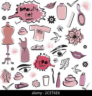 Ensemble d'articles de beauté avec spa, dessins de mode dans les couleurs rouges Illustration de Vecteur