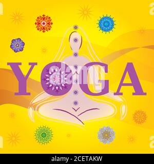 Mot Yoga avec silhouette / pose Illustration et Mandalas - Fond jaune or Illustration de Vecteur