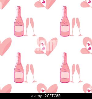 Champagne original et fond à motif vectoriel sans couture à coeur ouvert. Bouteilles roses, verres, boisson gazeuse et symbole de l'amour sur fond blanc. Amusez-vous partout Illustration de Vecteur