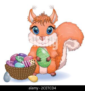 Mignonne écureuil avec de beaux yeux tient un oeuf de Pâques, carte pour Pâques Illustration de Vecteur