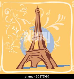 Illustration Tour Eiffel avec feuillage - cadre et fond jaune Illustration de Vecteur