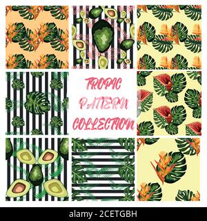 motif sans couture de fleurs tropicales feuilles vertes de palmiers et fleurs oiseau de paradis, hibiscus, avocat, Illustration de Vecteur