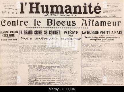 Le journal 'l'Humanite' du 26 octobre 1919 protestant contre le blocus de la Russie soviétique. Banque D'Images