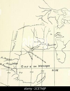 . Transactions de l'Illinois State Historical Society. Tracé de la carte de Franquelins de 16S4.. Partie de la carte de Sansons, 1696. 135 peu de distance au-dessus de l'embouchure de la rivière Arkansas, avait par Proces-verbal, pris possession au nom de Louis XIV, de toute la région près et loin y compris le Chucagoa, l'Ohio, le Colbert, également appelé le Missis-sippi, et aussi loin à l'ouest que les rivières des Palmes, Et à l'embouchure du fleuve Mississippi, il répéta les Proces, en prenant dans de grandes régions qui n'avaient entendu que vaguement mentionné. Ses paroles concernant l'étroitesse de la péninsule de Floride relativeto Banque D'Images